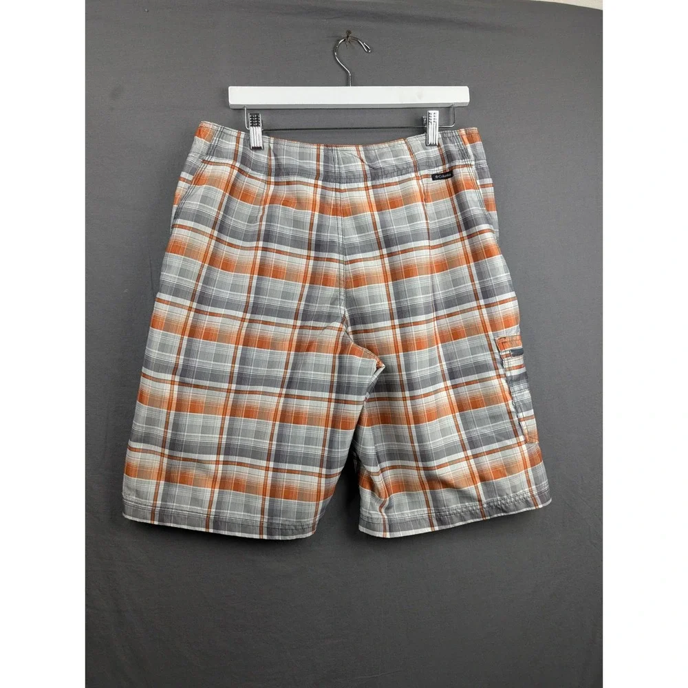 Columbia Mens Plaid Board Shorts Orange Gray White Size 32